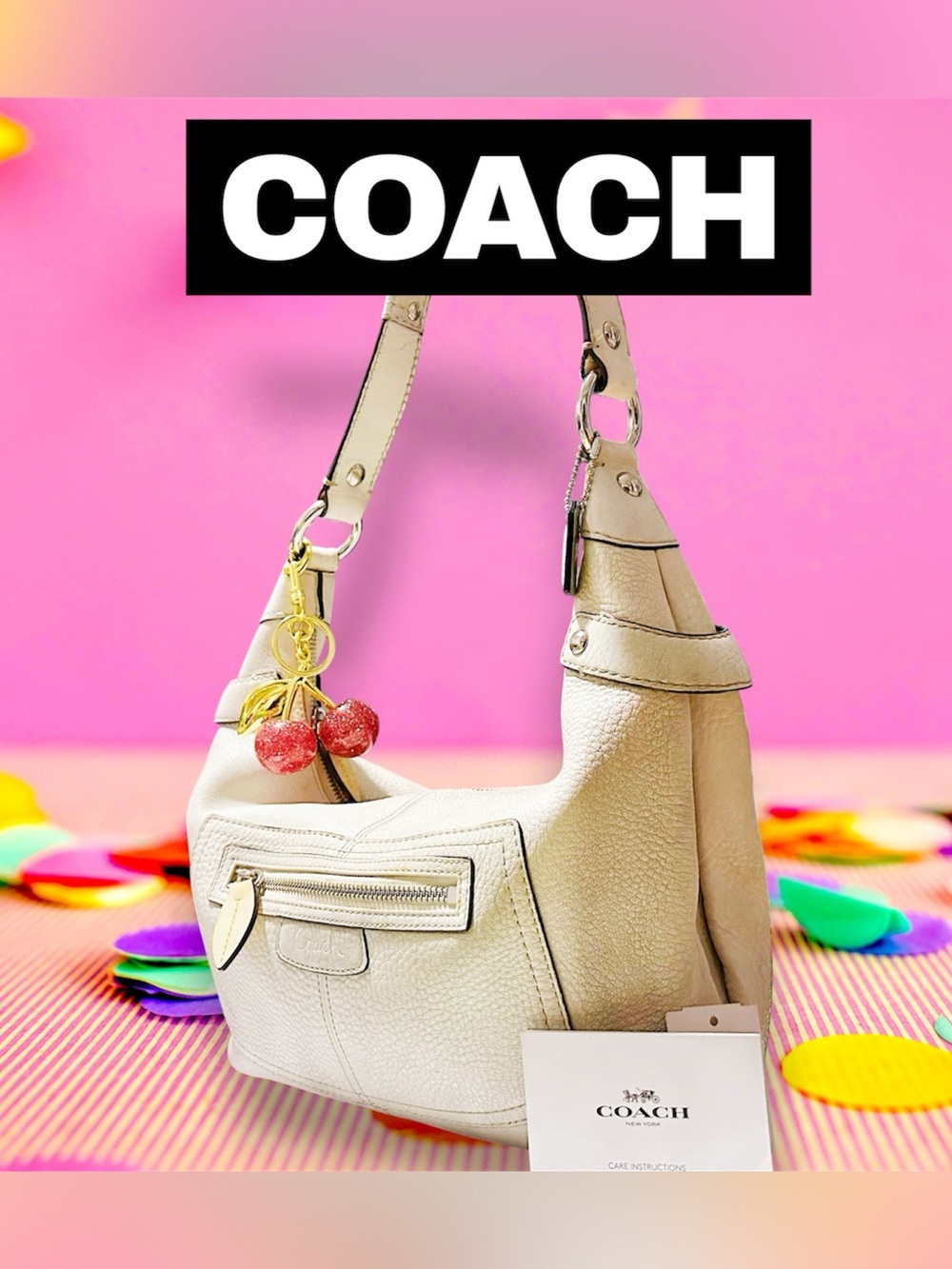Vintage Coach soho schoder Bag Pebbled Leather Hobo Bag in Cream - Picture 3 of 17